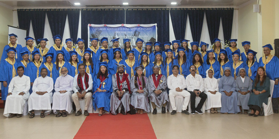 The 2019-2021 batch of graduates with faculty and special guests during the 6th Graduation -Cum- Foundation Day of NEISSR. 